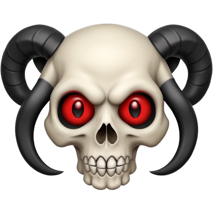 cartoonish skull with curled black ram horns, intense red eyes, wide mischievous grin, bold, memorable emoji