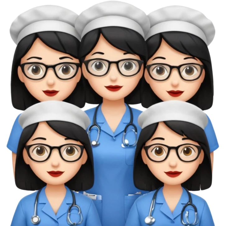 Genera un emogis con cuatro enfermeras pelinegra juntas, entre ellas una con lentes y otra con lunar encima del labio emoji