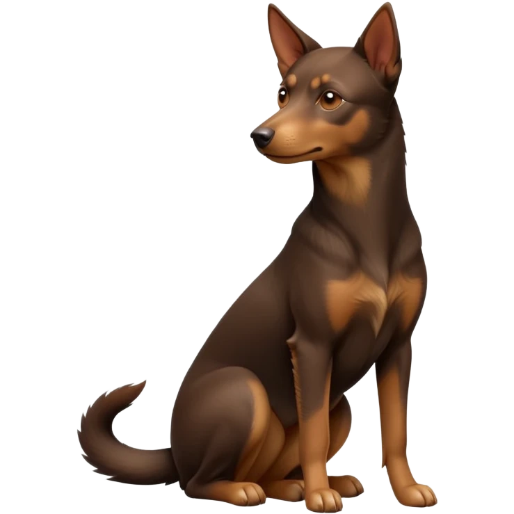 cinematic-[australian kelpie]-realistic-full-body-sitting-emoji,-tail-resting-loosely-beside-its-paws,-head-tilted-dramatically, -sleek-[Brown and tan]-fur,-simplified-yet-realistic-focused-features,-highly-detailed,-glowing-with-an-almost-sarcastic-glow emoji