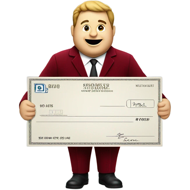 fat guy in dark red velvet suit holding cheque emoji