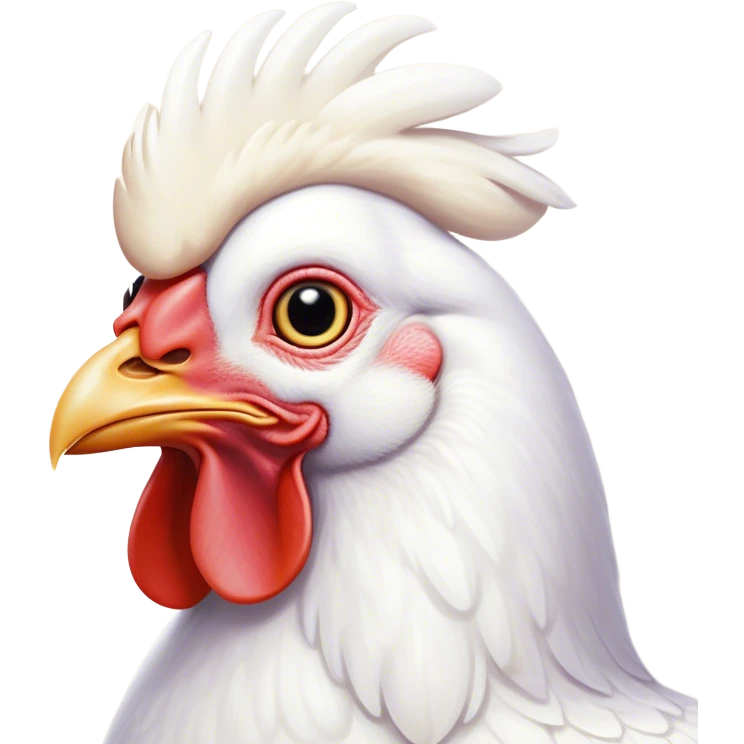 Cinematic Noble White Chicken Portrait Emoji, Poised and regal, with a compact, sturdy build and a pristine, well-groomed pure white plumage, deep-set soulful beady eyes, Simplified yet sharp and sophisticated features, highly detailed, glowing with a soft, dignified glow, high shine, intelligent and alert, stylized with an air of barnyard elegance, focused and attentive, soft glowing outline, capturing the essence of a watchful and confident fowl, so majestic it feels as though it could strut out of the screen with effortless authority! emoji
