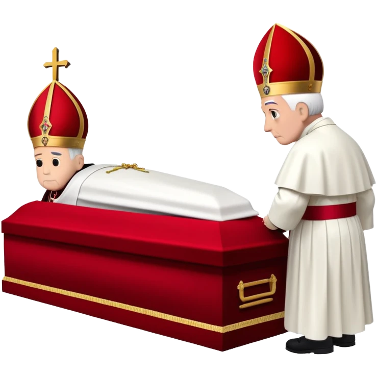 A solemn papal funeral with St. Peter's Basilica, a coffin draped with red cloth, and clergy in ceremonial attire emoji