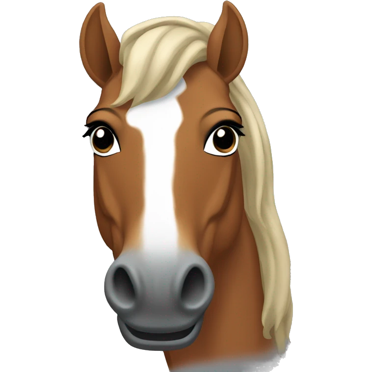 A chestnut horse with black mane on buck teeth, wearing a grey t-shirt emoji