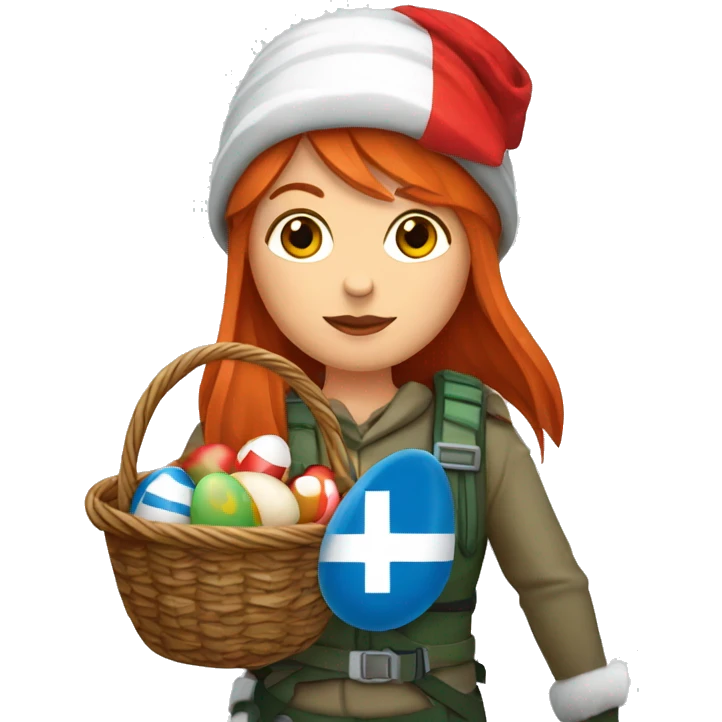 red hair female winter mountaineer with red Easter egg basket and Greek flag emoji