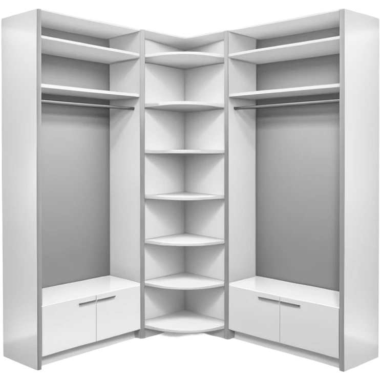 Glossy white PVC corner closet with L-shaped design, fitted into a sharp room corner. Clean, simple shelves and smooth panels with subtle shadows to show depth. Minimalist look with modern vibes, no handles or textures, emoji-style with bright highlights and soft gray edges to define structure. emoji
