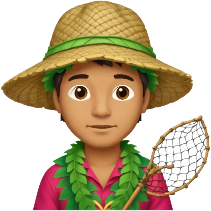 Hawaiian man with leaf hat and fishing net and colorful cloth emoji