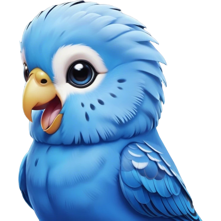 Cinematic Comical Blue Budgie Portrait Emoji, Head tilted dramatically with an exaggeratedly amused expression, featuring a striking blue feathered fur with a glossy finish, wide, expressive dark eyes filled with playful disbelief, Simplified yet hilariously expressive features, highly detailed, glowing with a slightly sassy glow, high shine, dramatic yet playful, stylized with an air of cheeky mischief, bright and endearing, soft glowing outline, capturing the essence of a spirited and over-the-top budgie, so meme-worthy it feels like it could side-eye its way into internet fame instantly! emoji