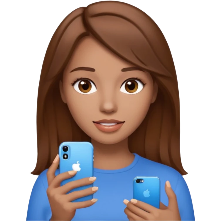 1 woman, hair brown, eyes brown and mouth beautiful in the hand 1 iphone of colour blue emoji