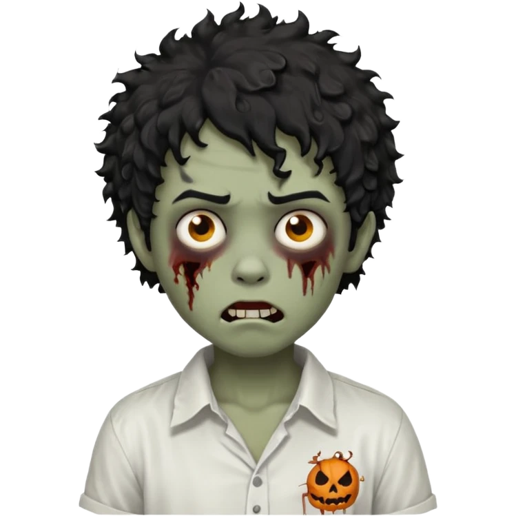 Boy, zombie, black hair, curly hair with white tips, shaggy, dark, spooky, creepy expression, white shirt emoji