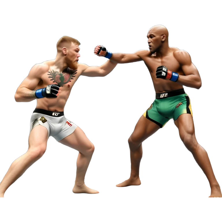 An MMA showdown between Conor McGregor and Anderson Silva in the octagon. McGregor is executing a powerful jumping strike, while Silva is expertly blocking the attack with his forearm. The background features the UFC octagon, fans in the distance, and dynamic action. Transparent background emoji