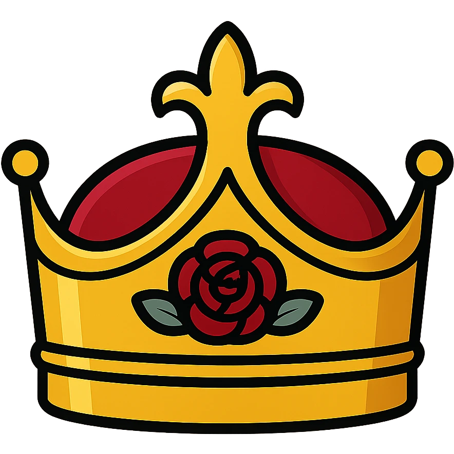 A queen level golden fantasy tiara-crown. The crown is golden and velvet crimson color shaded, and dark rose is engraved in the ring of the crown. Ultra Realistic. Detailed design. Amazing details. emoji