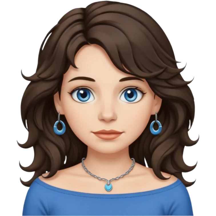 woman with long wavy shag haircut, brunette hair, blue-grey eyes, wearing a boatneck top, septum piercing, emoji style emoji