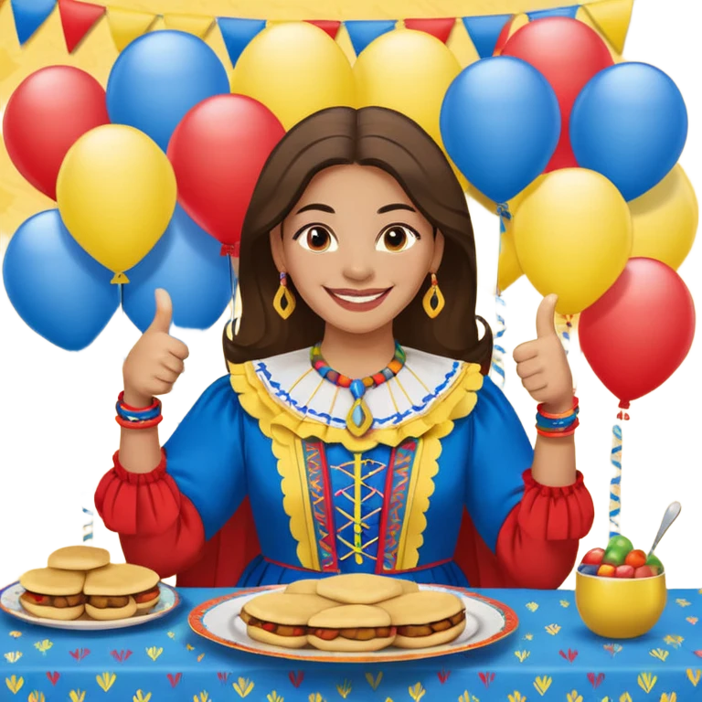 party table decorated with red blue and yellow colors, including backdrops, balloons, streamers and more, on the table are intricate displays of colombian arepas, and in the forefront a woman in traditional colombian dress with a smile and big thumbs up emoji