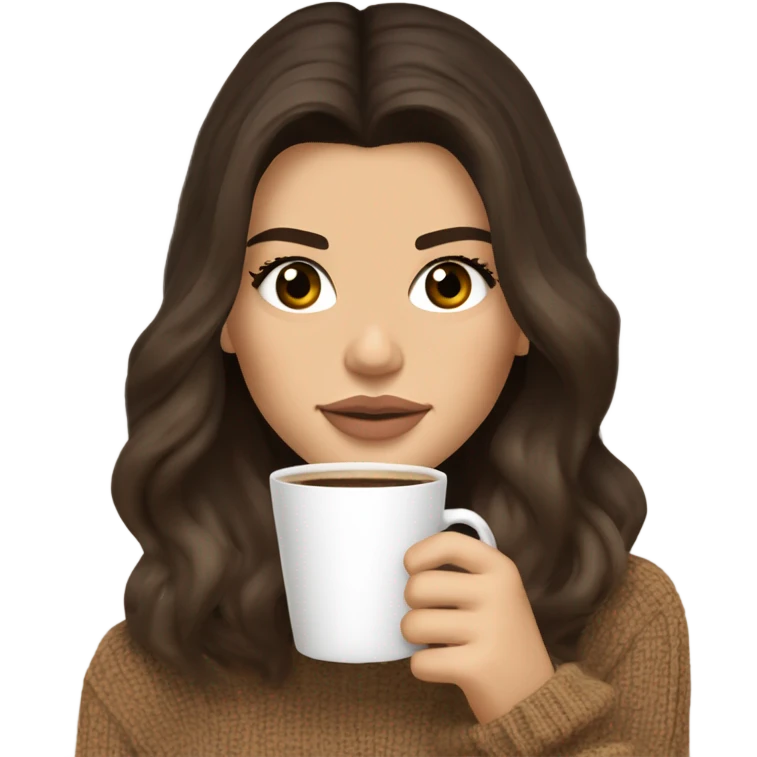 brunette Kendall Jenner with soft and long and Dark blonde hair her eyes brown and sipping coffee Her hair is wavy and shiny With brown sweater just one  emoji