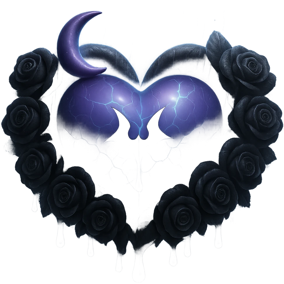 Add a glowing aura around the gothic heart, keeping the prominent black roses, purple glass, crescent moon with dripping effect, faint lightning, much more rain and thick mist, cracked glass with misty glow. The style should resemble 3D emoji style. Remove the background. emoji