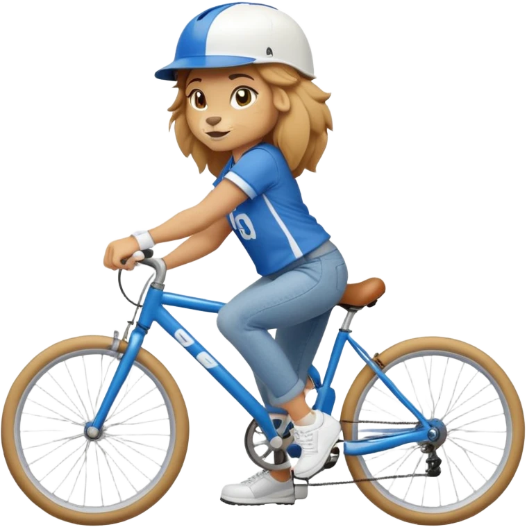 friendly anthropomorphised female lion wearing a baseball shirt, jeans, trainers, and a cycling helmet, cycling a bike emoji