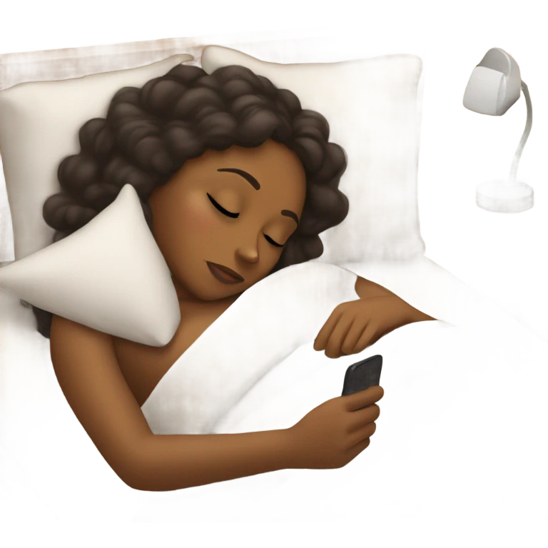 Brown girl laying in bed asleep with phone in hand emoji