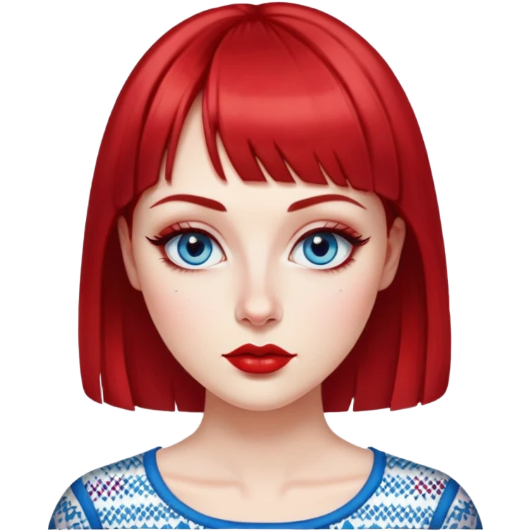 Creative woman with fair skin, oval face, striking blue eyes with eyeliner, thin eyebrows, small nose, medium lips with bright lipstick, dark red hair with straight bangs, wearing a red and white printed top, artistic expression emoji