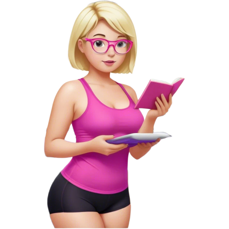 Seductive, Curvy fair and freckled skinned woman, short blond hair, small light purple reading glasses, washing dishes, short flowing sheer hot pink tank top, without undergarments SFW, black yoga pants, thick booty emoji