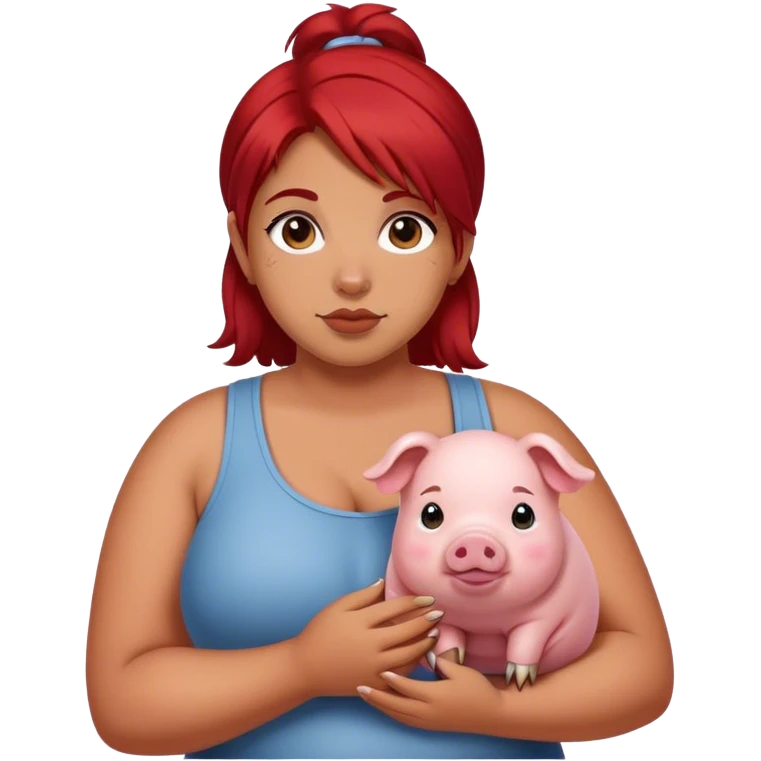 Thick girl with red and black split dye  red hair on left and black hair on right holding her pet pig emoji
