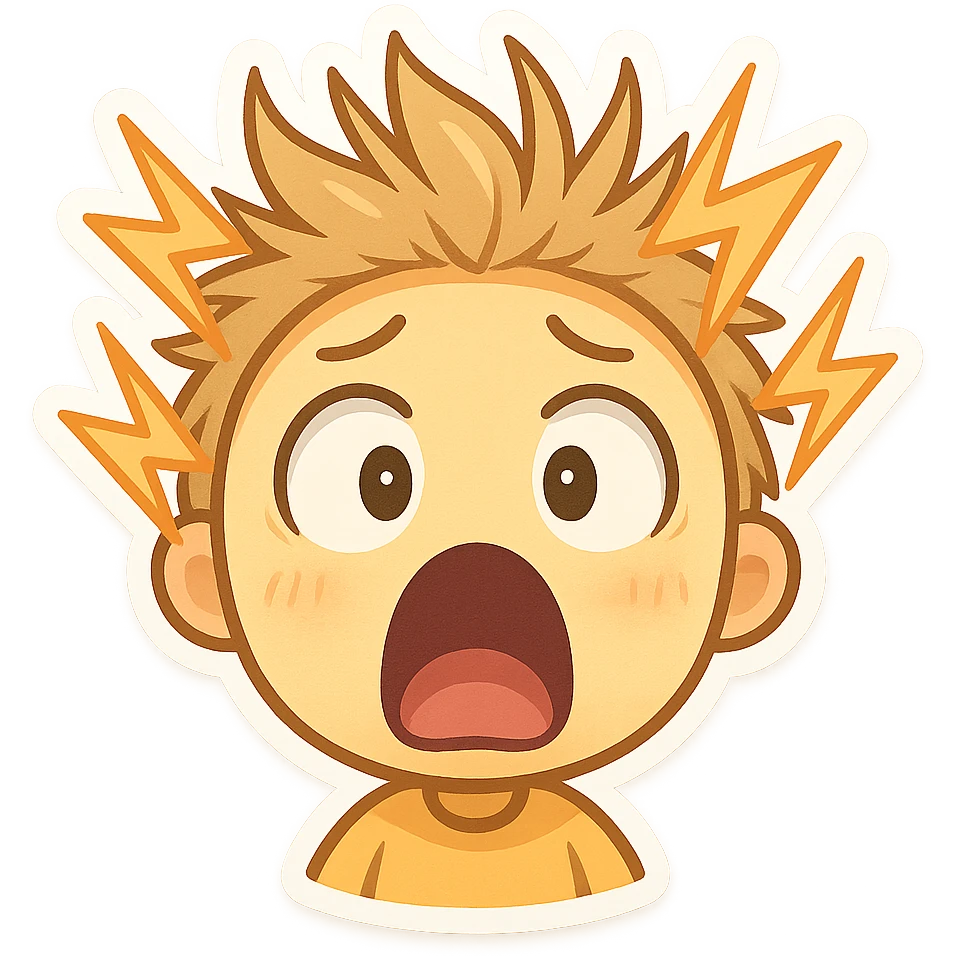 shocked emoji with hair standing on end and cartoon lightning bolts, chibi sticker style emoji