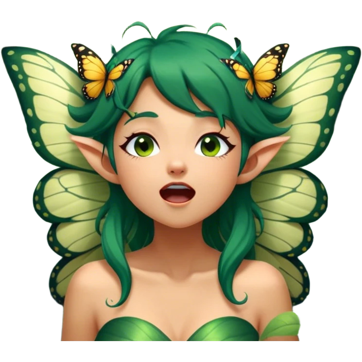 Cinematic Realistic Forest Fairy Portrait, head tilted slightly with a dramatic, wide-open yawn, revealing a tender, relaxed visage with finely detailed tanned skin and flowing, vine-adorned dark green hair gently framing her face. Her sleepy eyes exude a serene, dreamlike quality as soft natural sunlight filters through the canopy, showing her large butterfly wings from her back capturing the essence of a drowsy yet captivating forest drifting into peaceful slumber. emoji