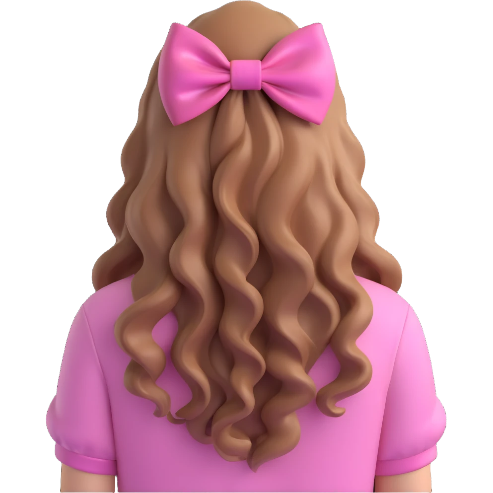 3D iOS emoji style of a girl with long wavy hair and a large pink bow, wearing a pink shirt, seen from the back, shiny and glossy, on a white background. emoji