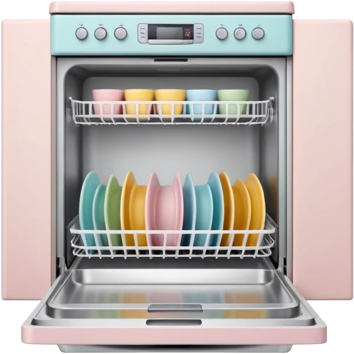 claymation style dishwasher with open door and clean dishes inside, pastel colors, visible fingerprints, soft matte finish emoji