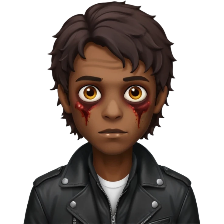 это должен быть юноша, одет в черную кожаную куртку, глаза цвета хамелион, но более коричневые, выглядит как зомби и еще средней длинны волнистые кудрявые волосы темно коричневого цвета, также добавь темный оттенок на задней фон emoji