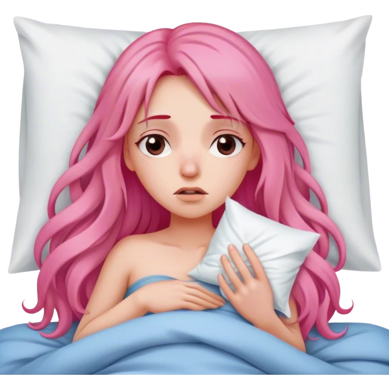 Young Woman with long pink hair In bed with sinus pain  emoji