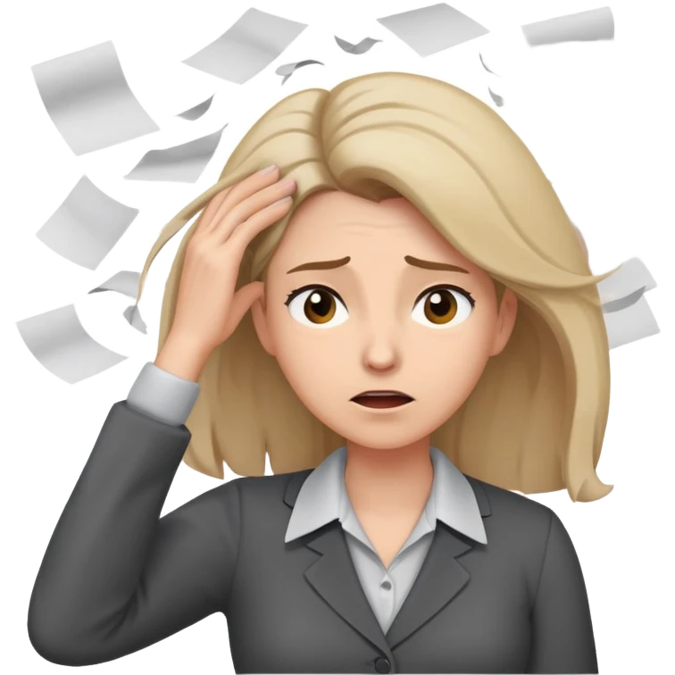 female teacher pulling her hair with stressed face, papers flying everywhere emoji