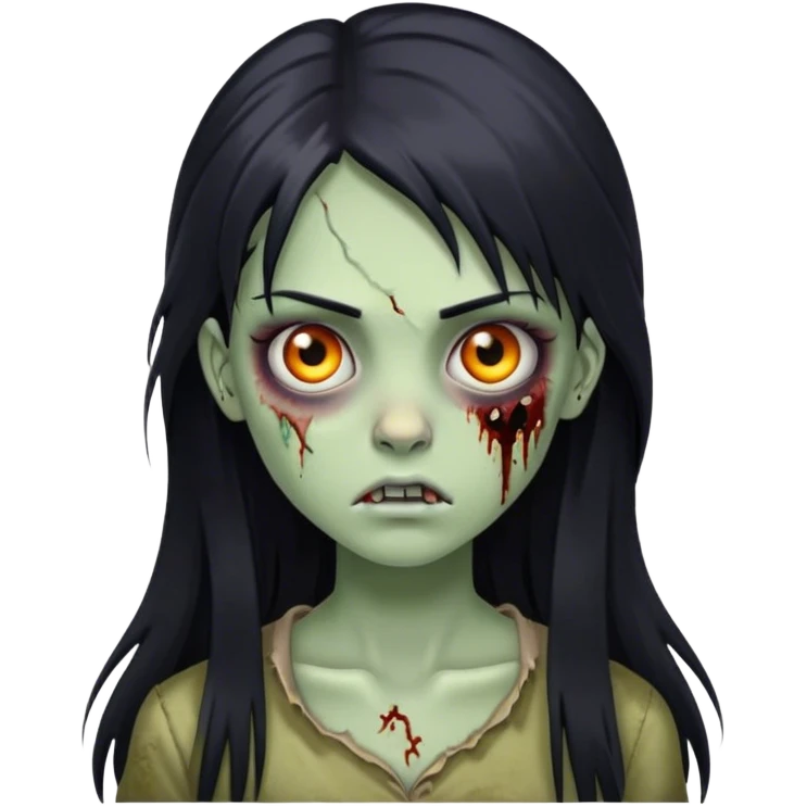 uma garota zumbi de cabelo preto longo, com franja de lado e piercing na sobrancelha esquerda, com sardas no rosto emoji