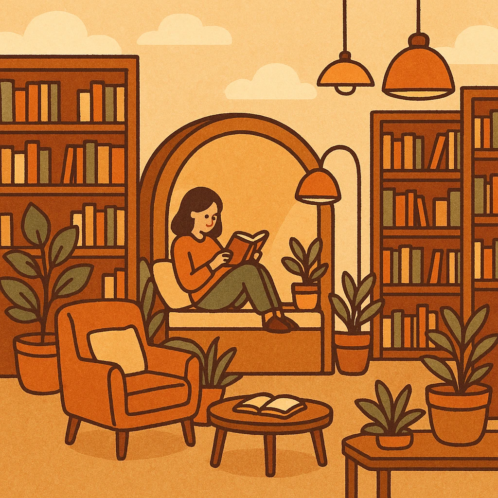 modern bookstore with cozy reading nooks, modern furniture, plants, stylish lighting, trendy vibe emoji
