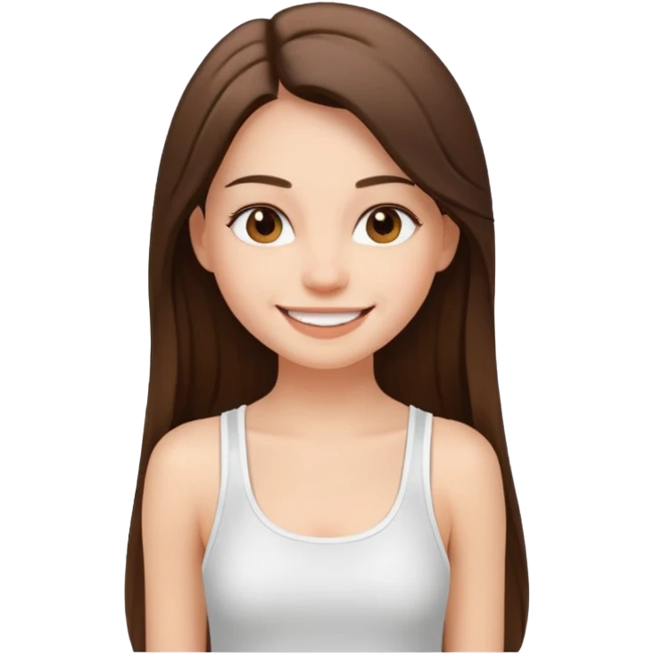 a pretty bratz fair girl with straight brunette long hair, wearing a white thin strap trap tank top, smiling emoji