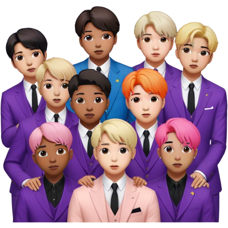 Cinematic Realistic group portrait of BTS featuring all 7 members in stylish modern attire, with detailed facial expressions and vibrant colors, captured in dynamic, contemporary lighting that emphasizes their global pop icon status emoji