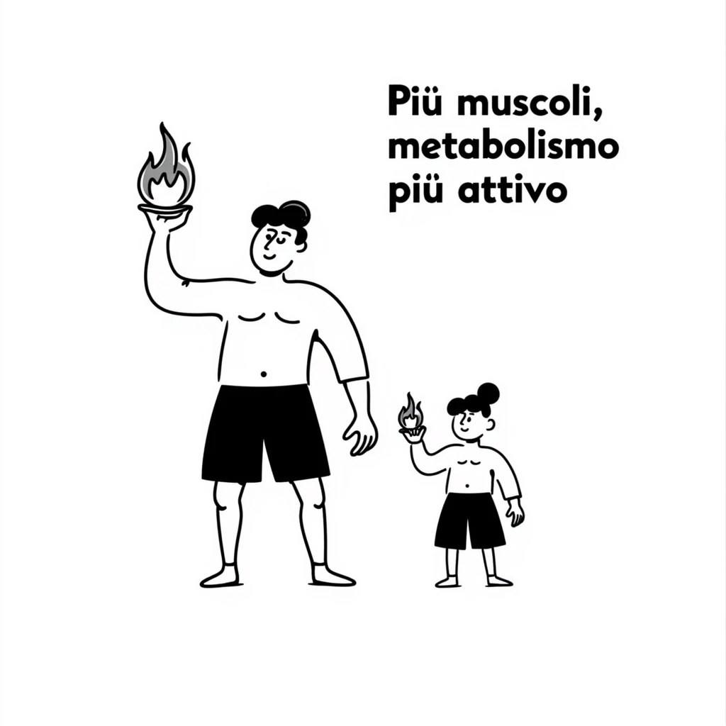 Schema didattico: muscolo evidenziato con icona di fuoco (metabolismo), accanto muscolo piccolo con fiamma debole, testo in italiano: “Più muscoli, metabolismo più attivo”. emoji