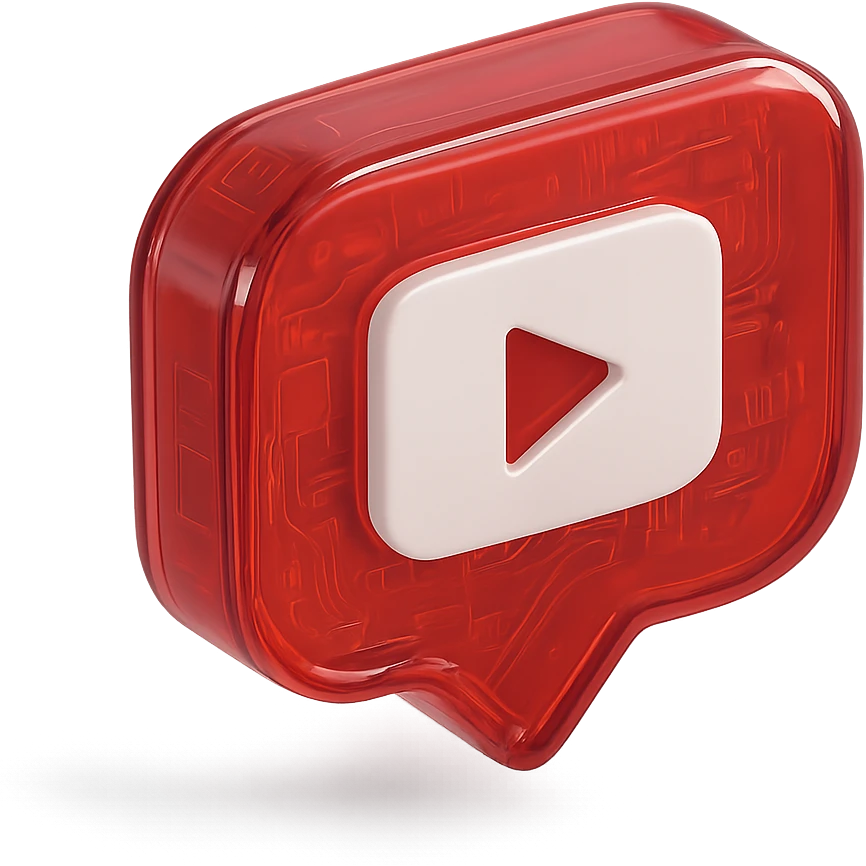 red speech bubble with inside a big red YouTube white play button, glossy circuit style emoji