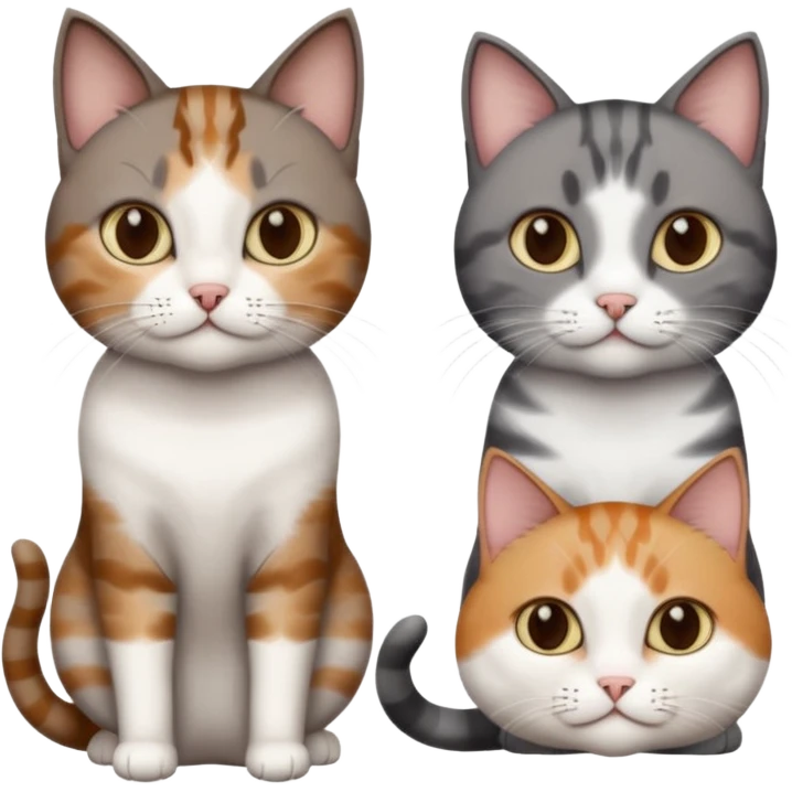 3 different coloured short haired cats including; a dark brown tabby and white cat, and a dark grey and white  emoji