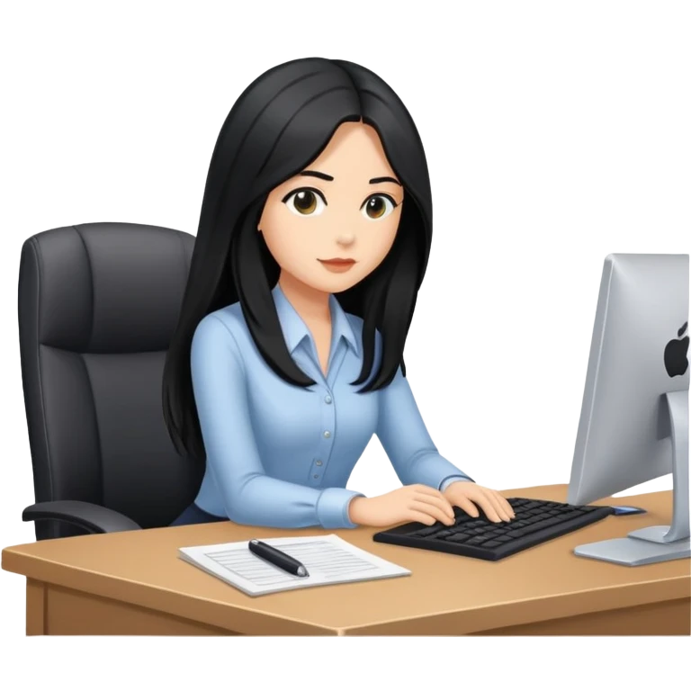Secretary black long hair light medium skin sitting at desk on computer  emoji