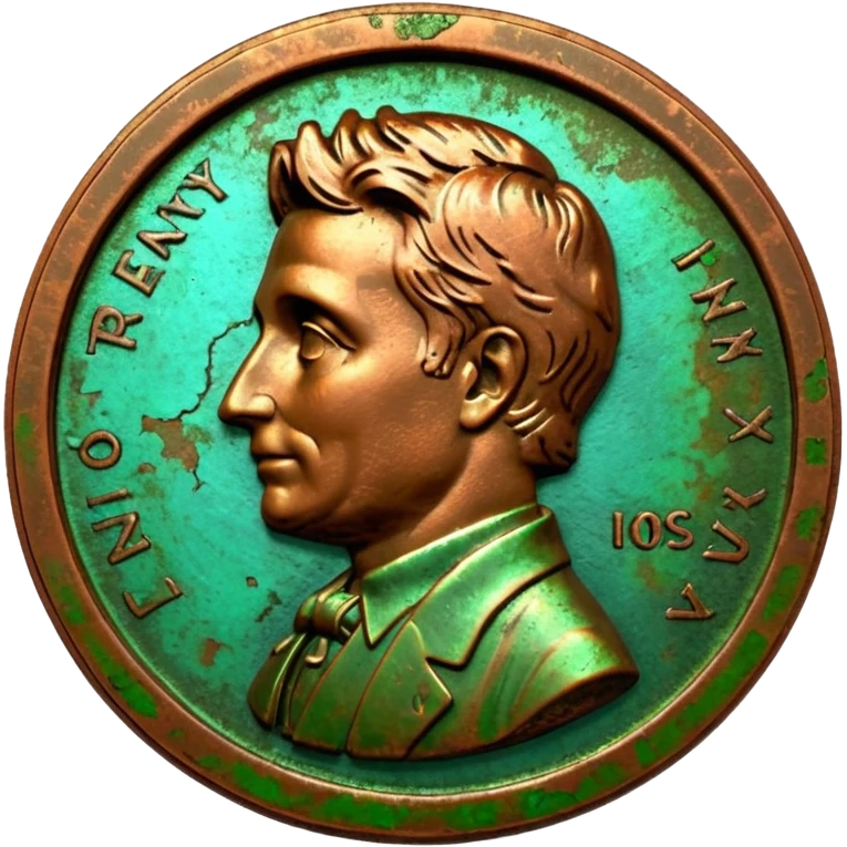 3D render of Old Penny, heavily oxidized copper texture, verdigris patina, Brown coin turning green on edges, weathered bronze aesthetic, ancient decay, Apple emoji style, isolated on white background --v 6.0. emoji