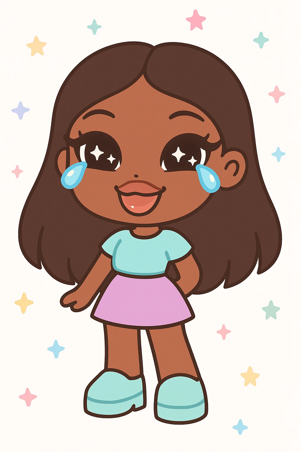 anime style character with dark skin and dark hair, Bratz-inspired, tears of laughter, big expressive eyes, glossy lips emoji