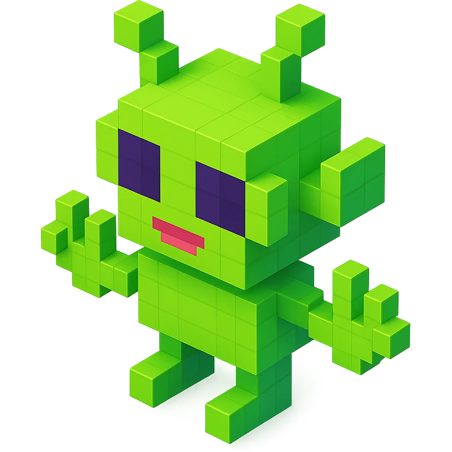 green alien with antennae and three fingers on each hand, isometric view emoji