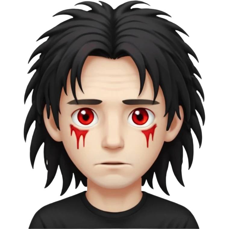 Парень с бледной кожей и красными глазами,  чёрные длинные растрёпанные волосы до ушей, в черной футболке  emoji