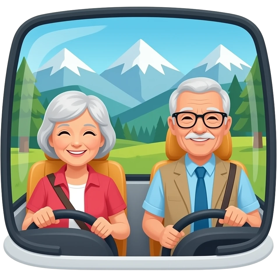 tee emoji jossa vanhempi pariskunta matkustaa matkailuajoneuvolla vuoristossa. kuva auton sisältä emoji