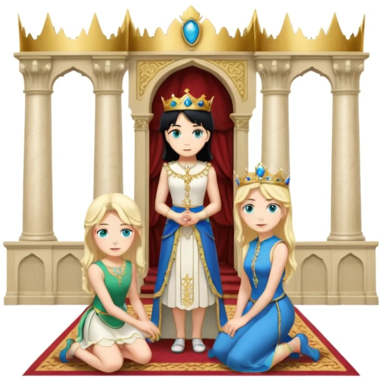 King, standing, black Hair, blue eyes, female servant, blonde, green eyes, shott white sleveless dress, kneeling, background palace emoji