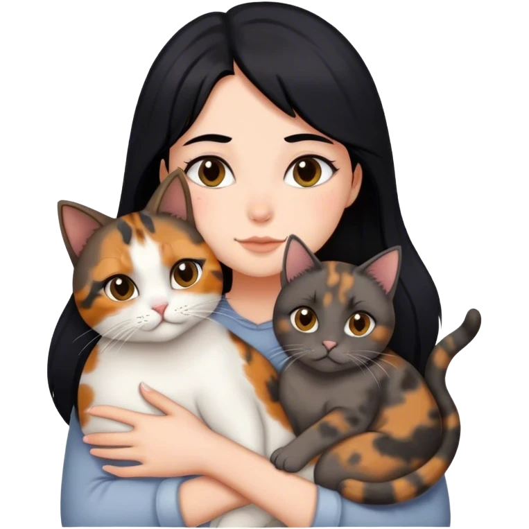 girl with black hair hugging three cats  (tortie cat, full gray cat, brown calico cat) emoji