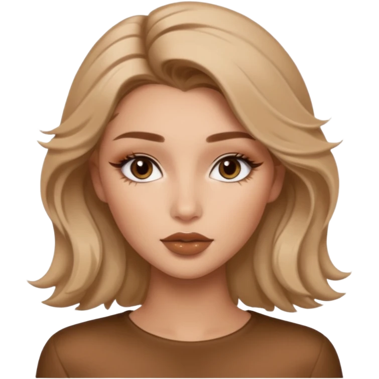 “A cozy, warm-toned emoji girl with soft bronzy eyeshadow, fluffy brows, caramel shimmer, glossy nude lips, light contour, and tousled hair — latte-inspired look.” like belle hadid emoji
