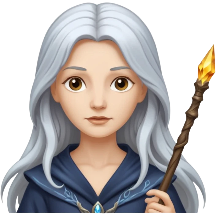 White silver Long Haired Women, Sorceress with staff — flowing white hair, calm face. emoji