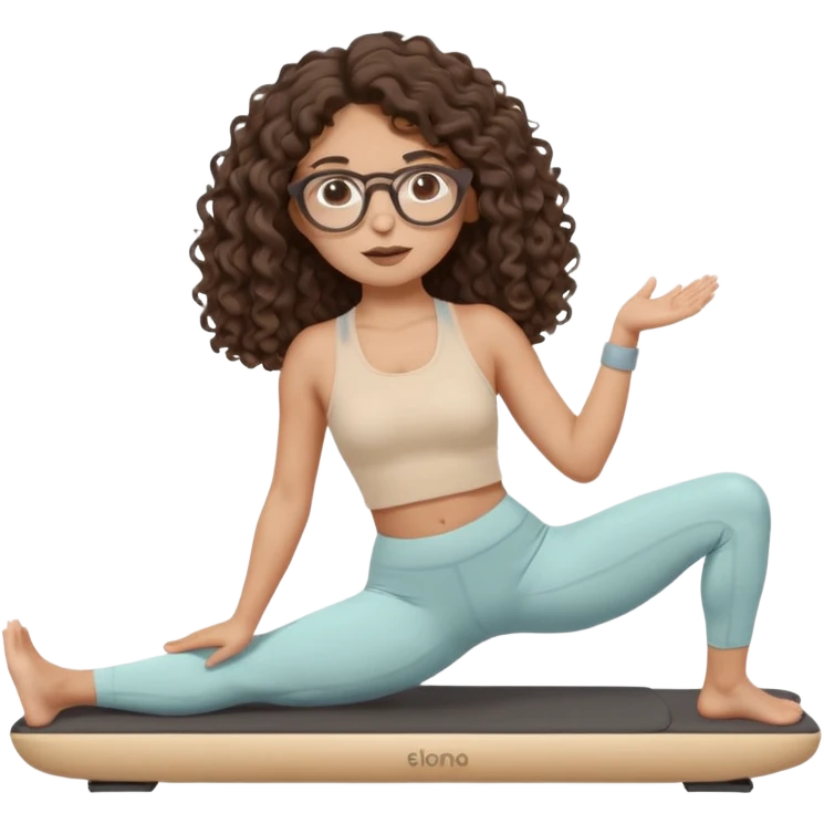 Memoji-stylegirl with long dark brown curly hair, round glasses, large brown eyes, soft rounded face, warm beige skin tone, wearing neutral Pilates activewear, calm wellness aesthetic, pastel colors, sticker-style digital illustration, smooth shading, white outline,reformer pilates doing. emoji