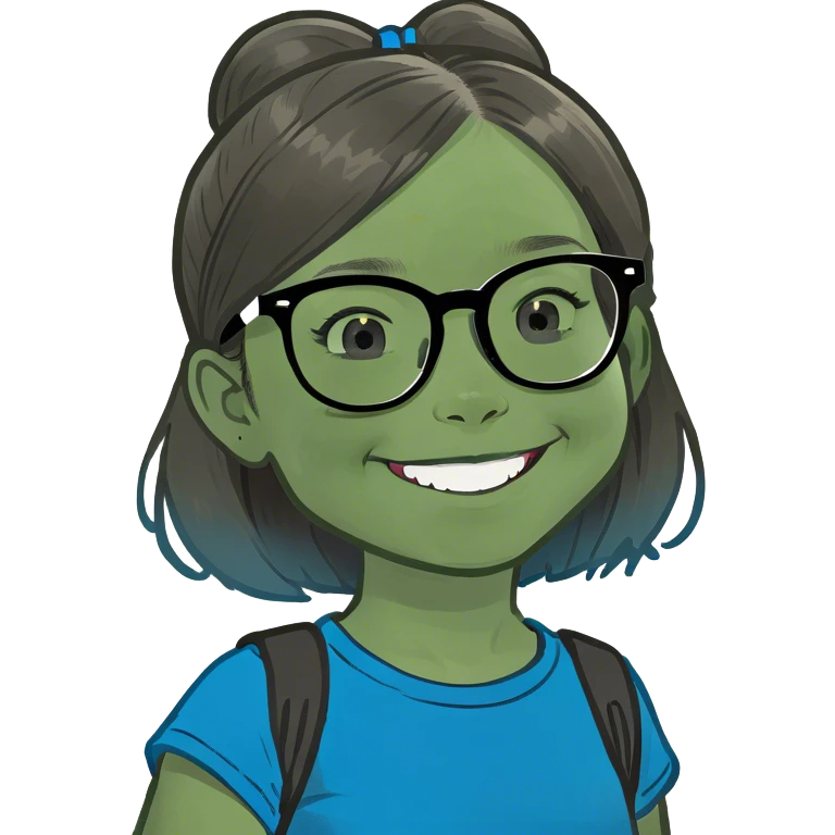 Little Girl, white skin, bronze hair smile tutor black frame glasses, bright blue t shirt emoji